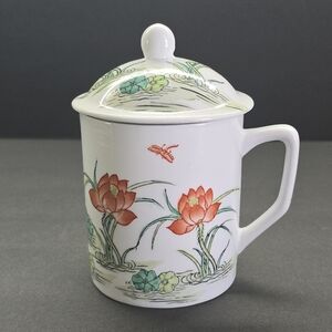 Vintage Hand Painted Tea Cup w/Lid Lotus Dragonfly Orange Green